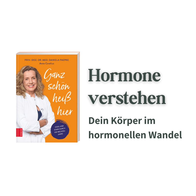 Keyvisual zum Buch „Ganz schön heiß hier“ mit Buchabbildung und Text zu hormonellem Wandel des Körpers