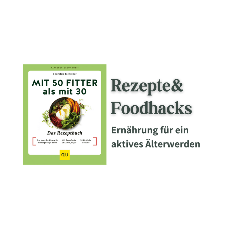 Keyvisual zum Buch „Mit 50 fitter als mit 30“ mit Buchabbildung und Text zu Rezepten und Foodhacks für aktives Älterwerden