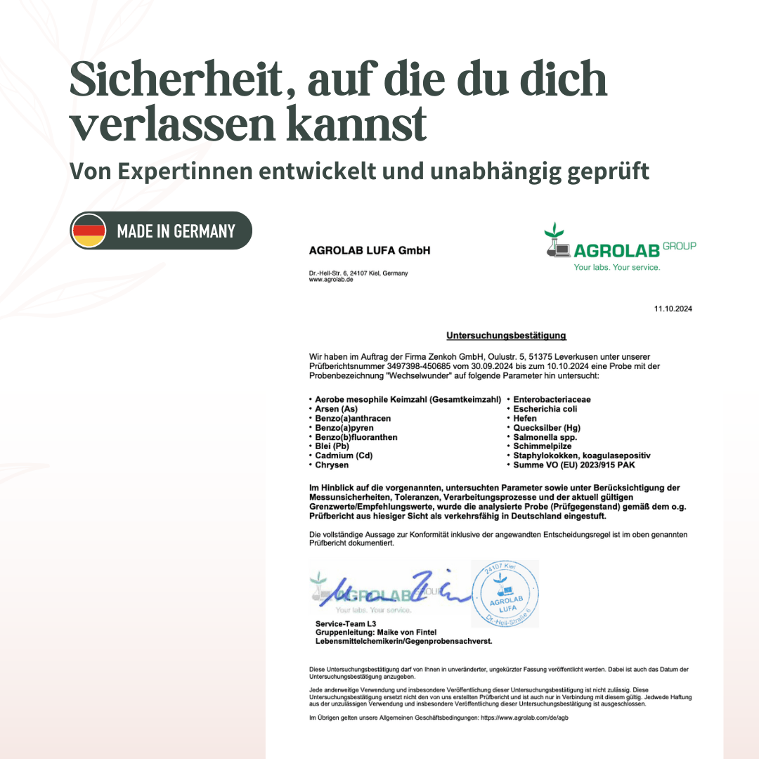 Offizielles Untersuchungsbestätigung der AGROLAB LUFA GmbH zur laborgeprüften Sicherheit von Wechselwunder.