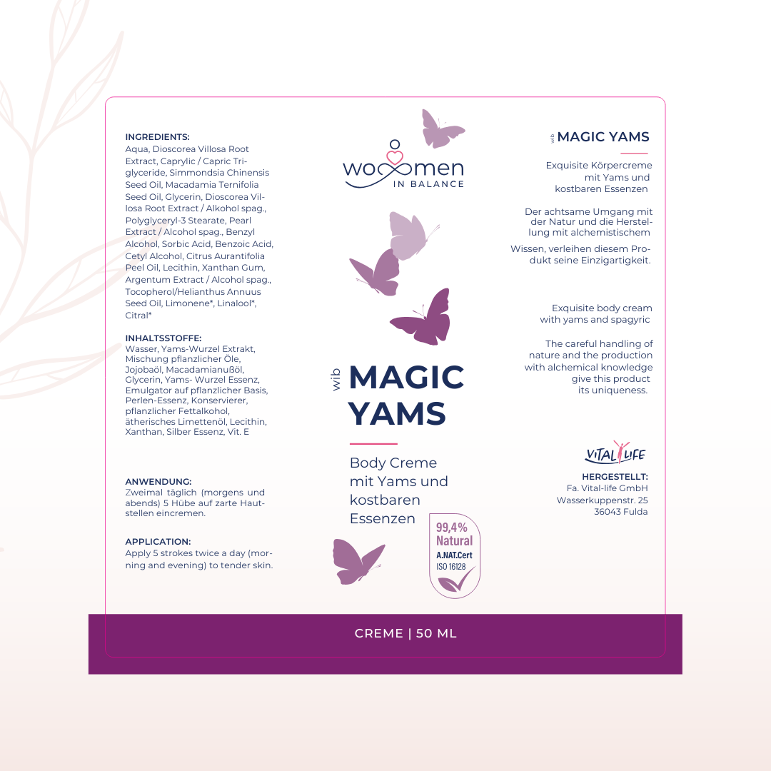Etikett der Magic Yams Body Creme mit Inhaltsstoffen, Anwendungshinweisen und Herstellerangaben