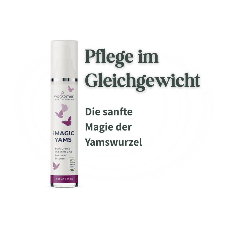 Magic Yams Body Creme mit dem Hinweis Pflege im Gleichgewicht und Yamswurzel