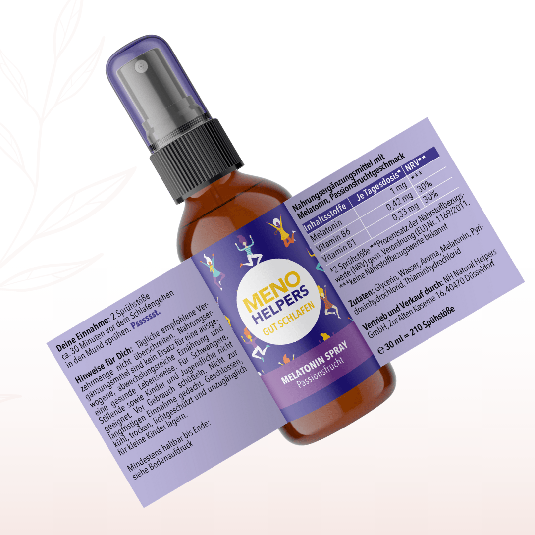 Melatonin Spray Gut Schlafen von Meno Helpers mit geöffneter Zutatenübersicht