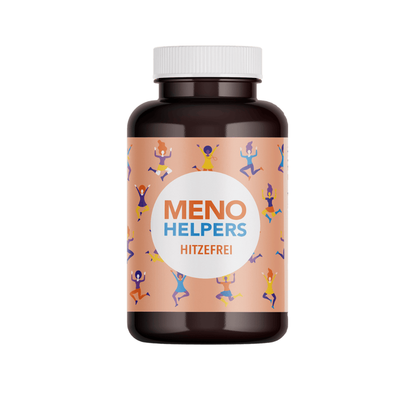 Nahrungsergänzungsmittel Meno Helpers Hitzefrei in brauner Dose mit farbigem Etikett