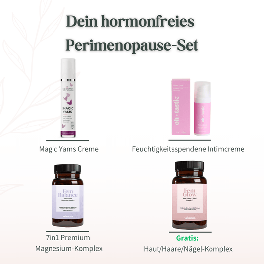 Übersicht des hormonfreien Perimenopause-Sets mit Magic Yams Creme, feuchtigkeitsspendender Intimcreme, 7in1 Magnesium-Komplex und gratis Haut Haare Nägel Komplex