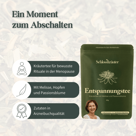 Schlosskräuter Entspannungstee mit Hinweisen zu Entspannung, Melisse, Passionsblume und Arzneibuchqualität