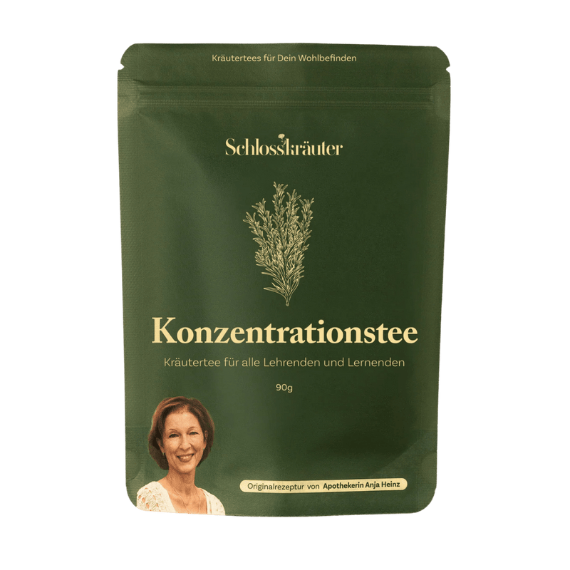 Schlosskräuter Konzentrationstee Kräutertee in grüner Standbodenverpackung mit 90 g Inhalt