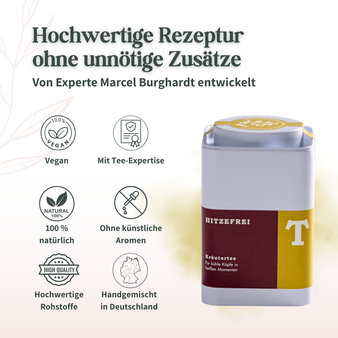 Hochwertige Rezeptur des Teekammer Hitzefrei Kräutertees ohne künstliche Aromen