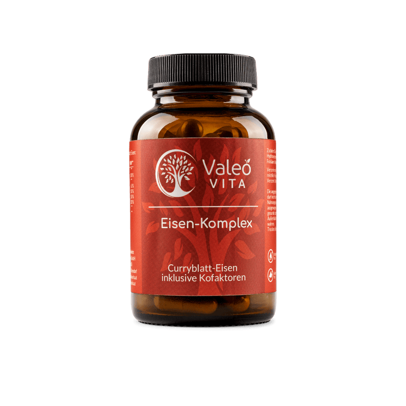 Valeo Vita Eisen-Komplex Kapseln mit Curryblatt-Eisen inklusive Kofaktoren in brauner Glasflasche