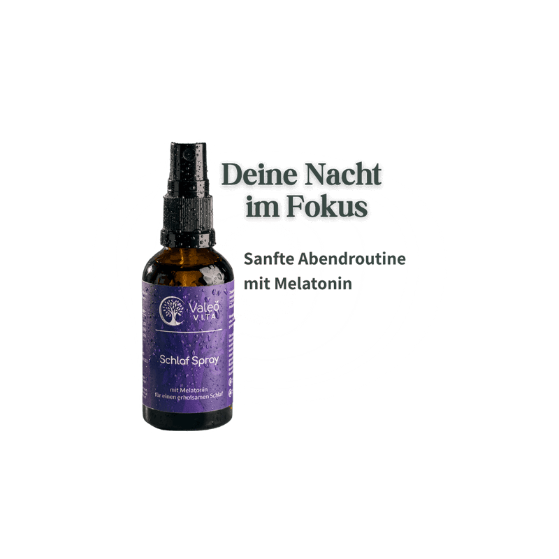 Valeo Vita Schlafspray mit Melatonin als Teil einer sanften Abendroutine, Produktabbildung mit Hinweis auf bewusste Nachtroutine