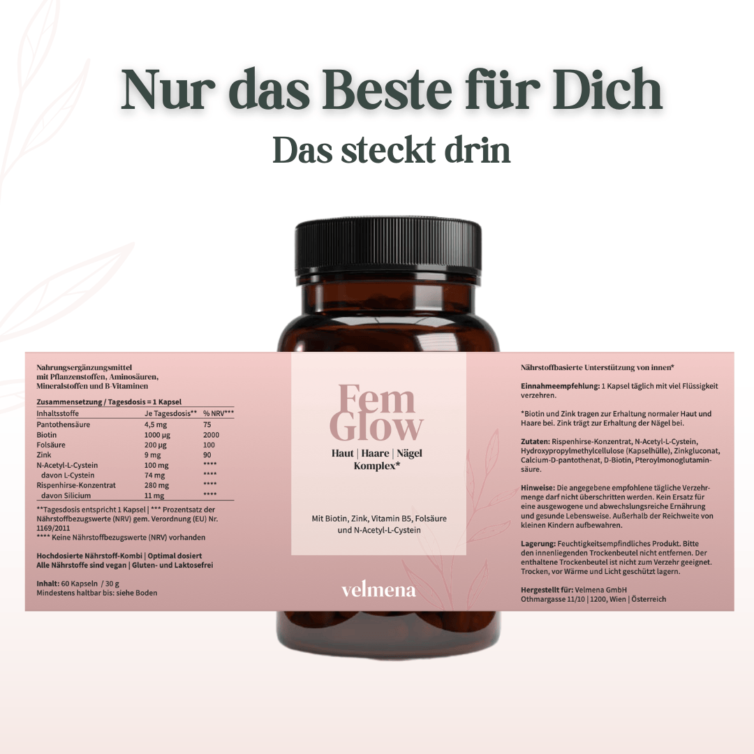 Nährwerttabelle und Zusammensetzung von Velmena FemGlow mit Vitaminen Mineralstoffen und Aminosäuren