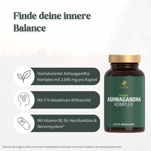 Vitactiv Ashwagandha Komplex mit Angaben zu Dosierung, Withanoliden und Vitamin B1