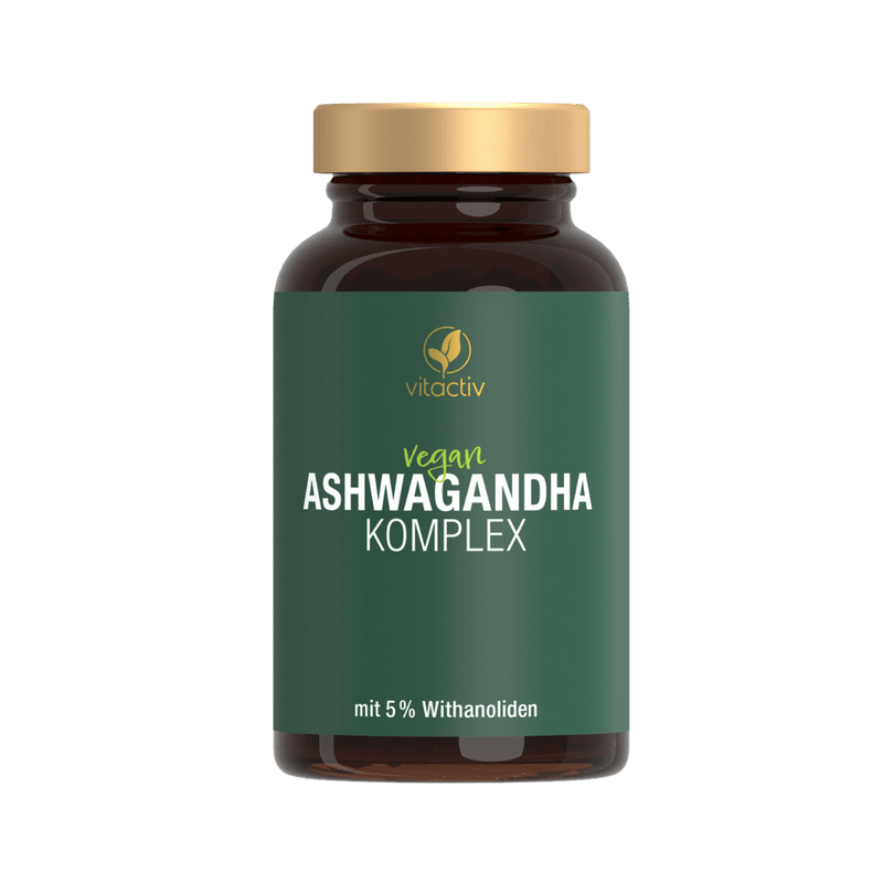 Vitactiv veganer Ashwagandha Komplex in brauner Glasflasche mit grünem Etikett.