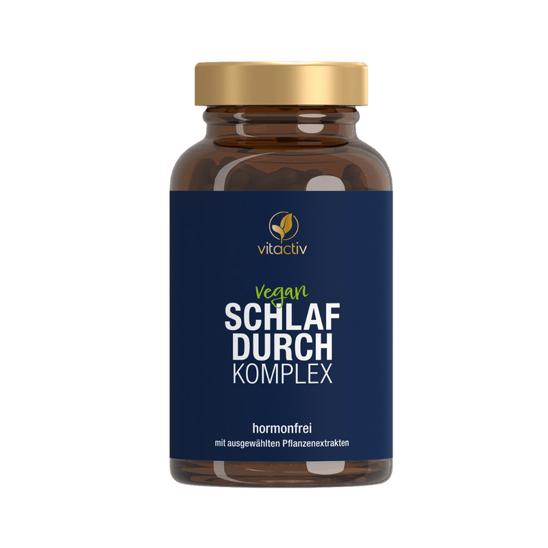 Vitactiv Schlafdurch Komplex vegan als Nahrungsergänzungsmittel in Kapselform, freigestelltes Produkt