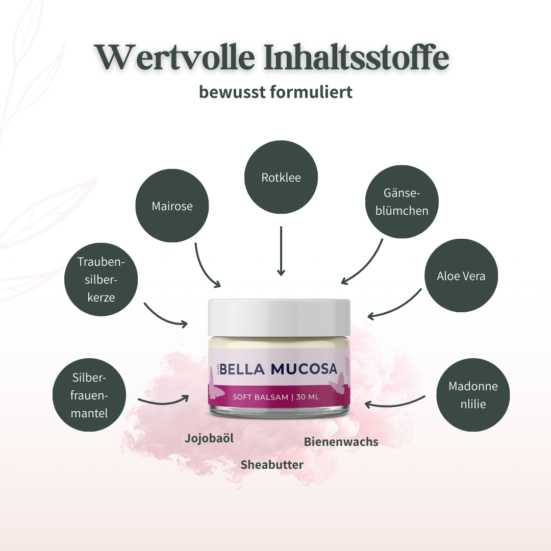 Übersicht der wertvollen Inhaltsstoffe: Rotklee, Mairose, Aloe Vera, Jojobaöl und Bienenwachs.