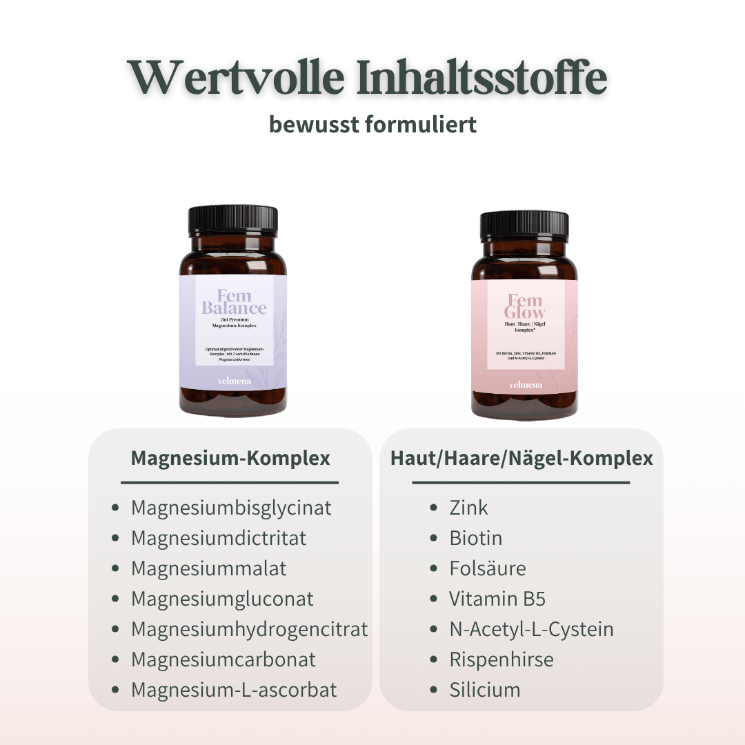 Darstellung der Inhaltsstoffe von Magnesium-Komplex und Haut Haare Nägel Komplex im hormonfreien Perimenopause-Set