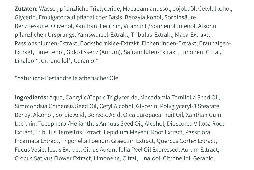 Nährwerttabelle – Fokus Körper-Creme mit Maca, Yams & Passionsblume