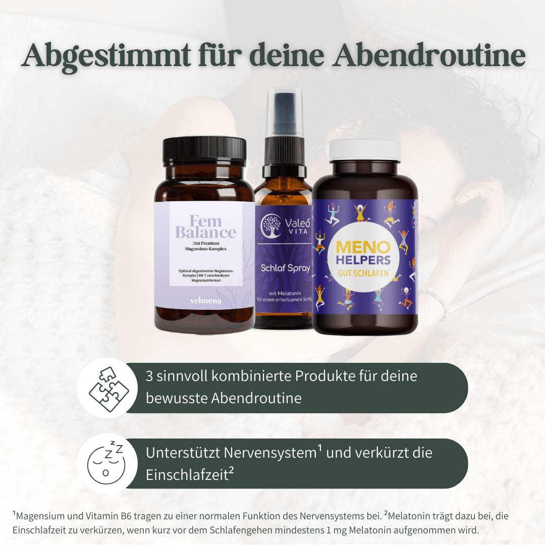 Abendroutine-Produktset mit Fem Balance Magnesium-Komplex, Schlafspray mit Melatonin und Meno Helpers zur Unterstützung beim Einschlafen