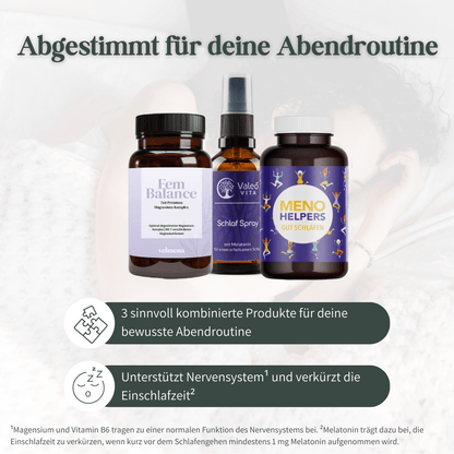 Abendroutine-Produktset mit Fem Balance Magnesium-Komplex, Schlafspray mit Melatonin und Meno Helpers zur Unterstützung beim Einschlafen