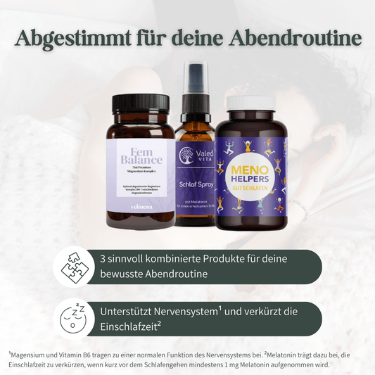 Abendroutine-Produktset mit Fem Balance Magnesium-Komplex, Schlafspray mit Melatonin und Meno Helpers zur Unterstützung beim Einschlafen