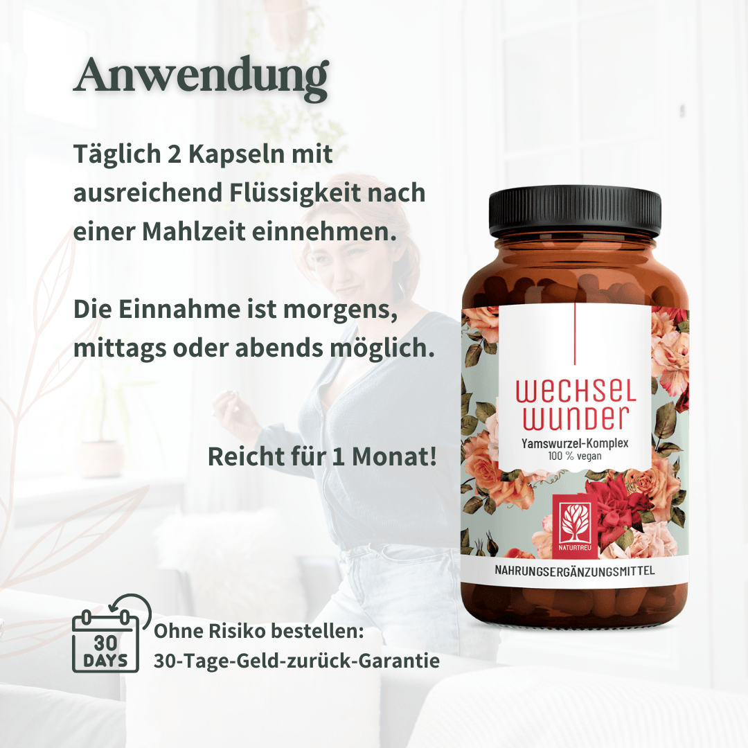 Verzehrempfehlung für Wechselwunder: Täglich 2 Kapseln nach einer Mahlzeit für eine einmonatige Kur.