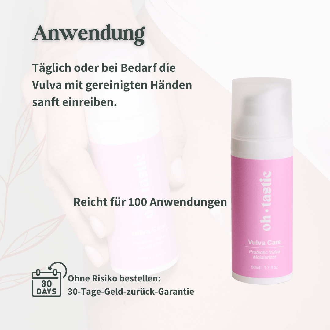 Anwendungshinweise für die Oh Tastic Vulva Care: Sanftes Einreiben mit gereinigten Händen, reicht für 100 Anwendungen.