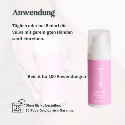 Anwendungshinweise für die Oh Tastic Vulva Care: Sanftes Einreiben mit gereinigten Händen, reicht für 100 Anwendungen.