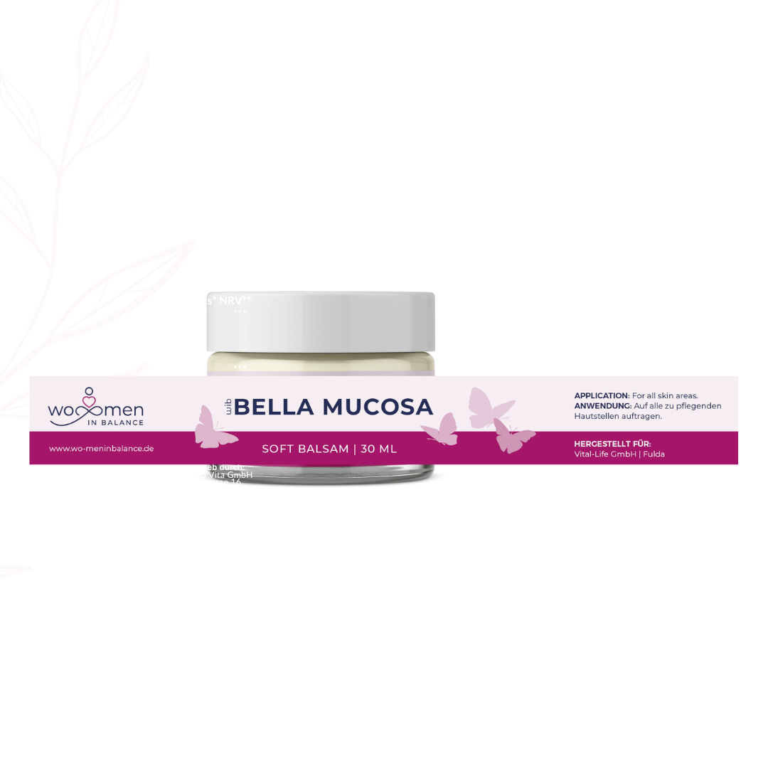 Produktdetails und Anwendungshinweise auf dem Etikett des Bella Mucosa Soft Balsams.