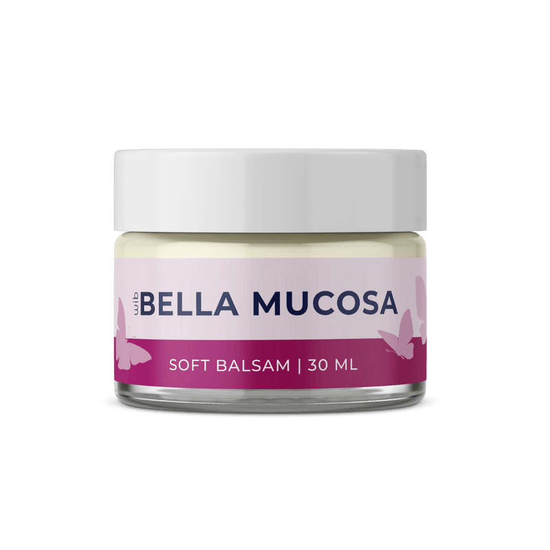 Hochauflösende Nahaufnahme des Bella Mucosa Soft Balsam Tiegels (30 ml) mit Logo und Schmetterlings-Design.