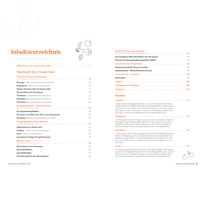 Inhaltsverzeichnis des Buches „Best Female Food“ mit Kapiteln zu Hormonen, Ernährung und Rezepten