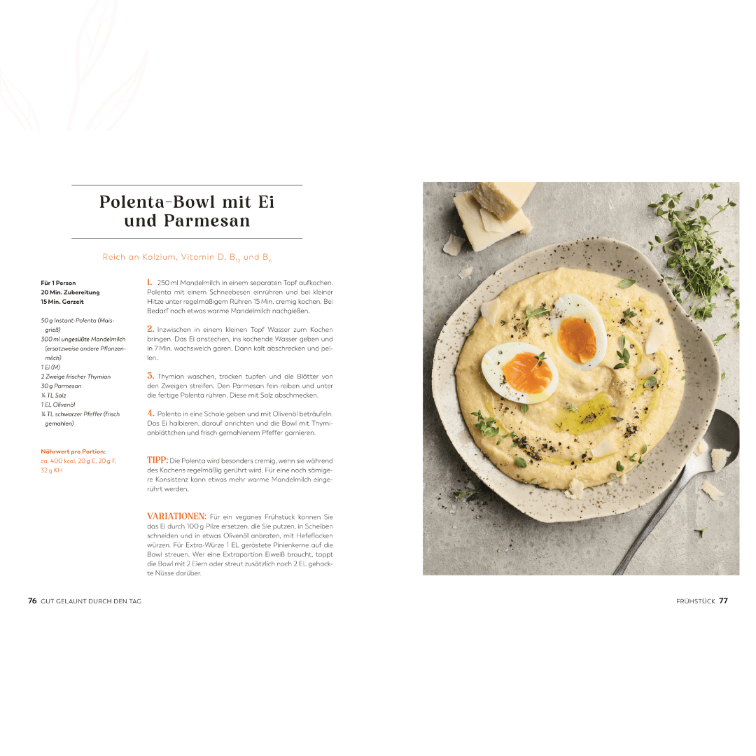 Rezeptseite für Polenta-Bowl mit Ei und Parmesan aus dem Buch „Best Female Food“