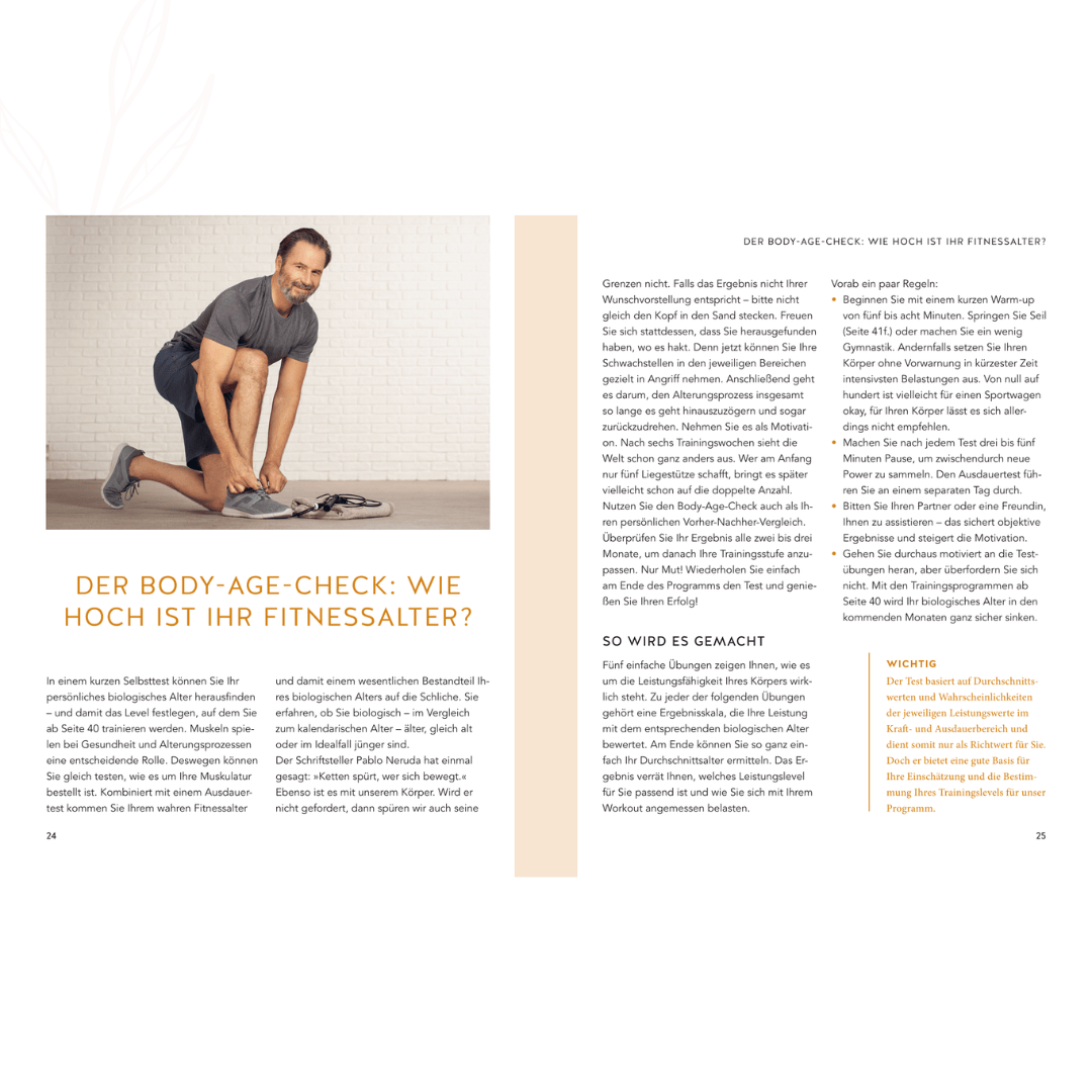 Doppelseite zum Body-Age-Check mit Erklärung zur Bestimmung des persönlichen Fitnessalters