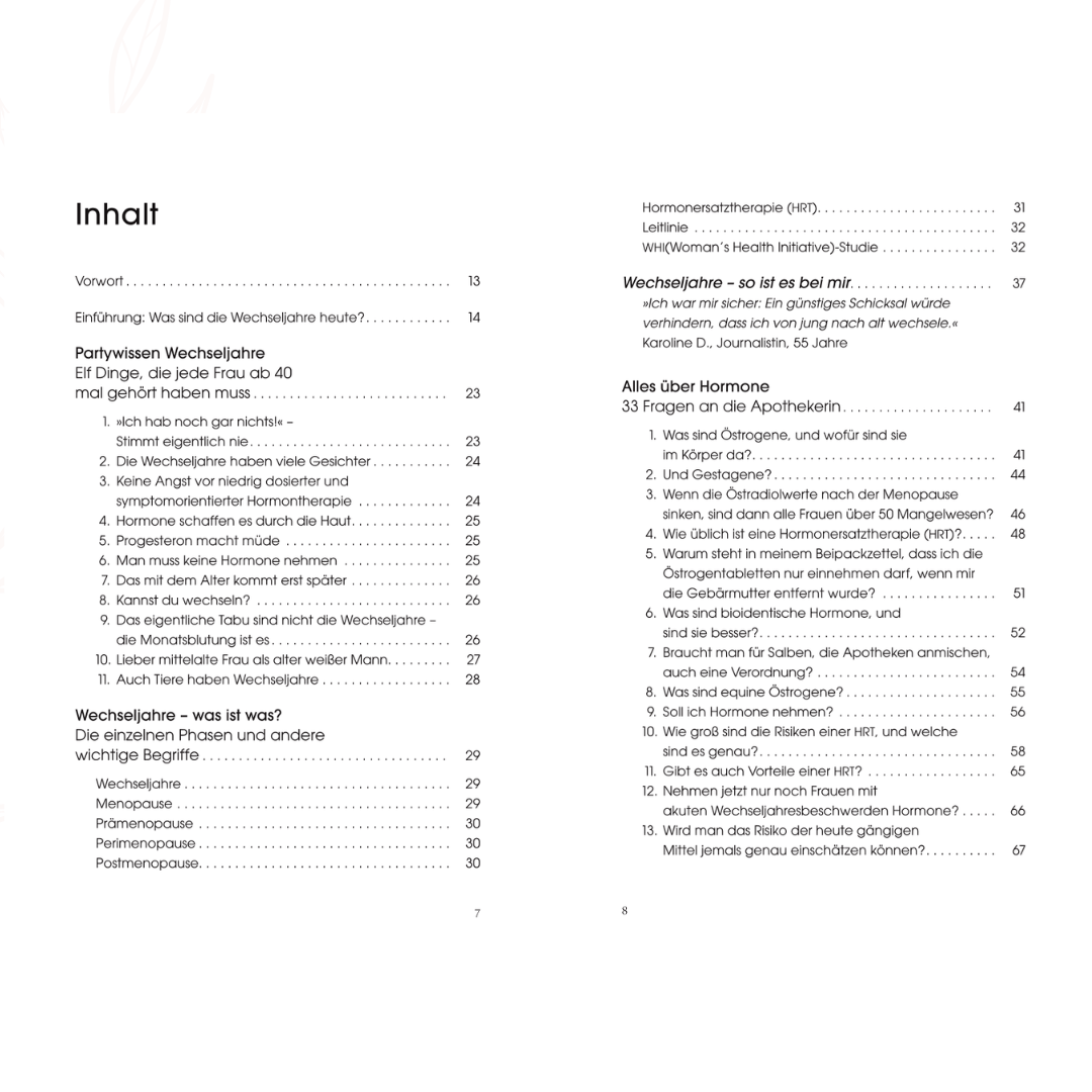 Inhaltsverzeichnis des Buches Wechseljahre von Diana Helfrich als Doppelseite
