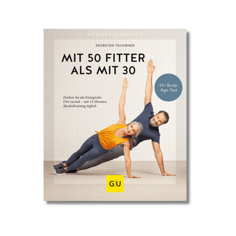 Buchcover „Mit 50 fitter als mit 30“ mit Mann und Frau bei einer seitlichen Kraftübung für Rumpf und Stabilität