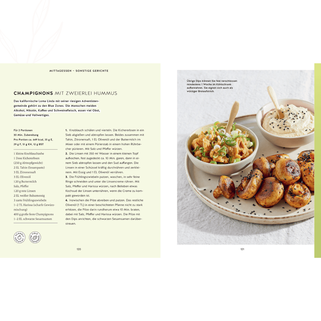 Gebratene Champignons mit zwei Sorten Hummus als vegetarisches Hauptgericht