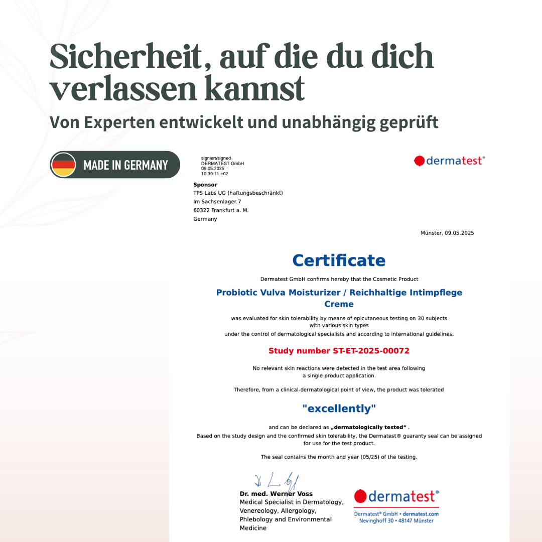Dermatest Zertifikat für Oh Tastic Probiotic Vulva Moisturizer – Mit "Exzellent" bewertete Hautverträglichkeit.