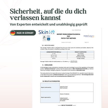 Zertifizierter Hautverträglichkeitstest des SkinLab für den Oh Tastic pH Balanced Cleanser – Ergebnis: Nicht irritierend.