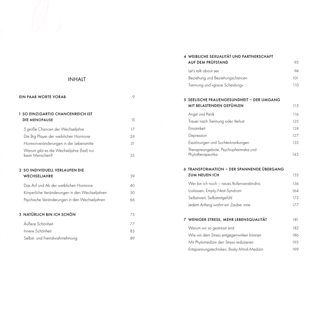 Inhaltsverzeichnis des Buches Die Kraft der Wechseljahre mit Kapiteln zu Menopause, Hormonen und Frauengesundheit