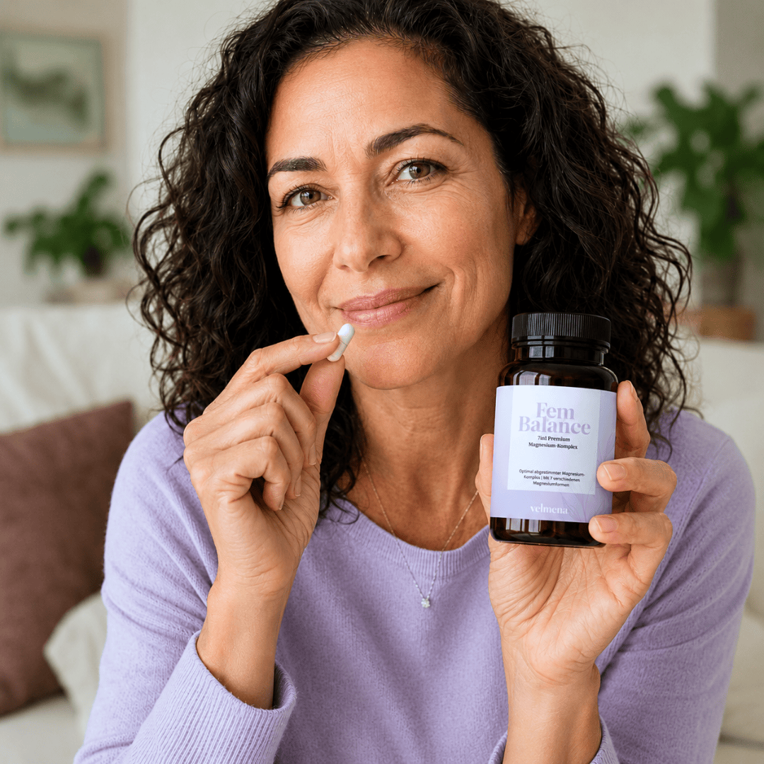 Frau in den Wechseljahren hält Velmena Fem Balance Magnesium-Komplex und eine weiße Kapsel in der Hand.