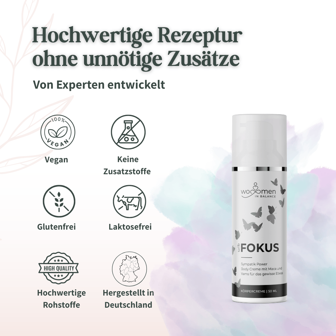 Übersicht der Qualitätsmerkmale der Fokus Body Creme: 100% Vegan, keine Zusatzstoffe, Glutenfrei, Laktosefrei, hochwertige Rohstoffe und hergestellt in Deutschland.