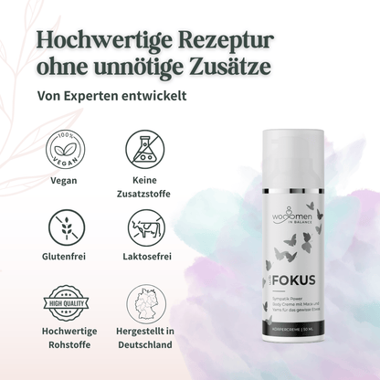Übersicht der Qualitätsmerkmale der Fokus Body Creme: 100% Vegan, keine Zusatzstoffe, Glutenfrei, Laktosefrei, hochwertige Rohstoffe und hergestellt in Deutschland.