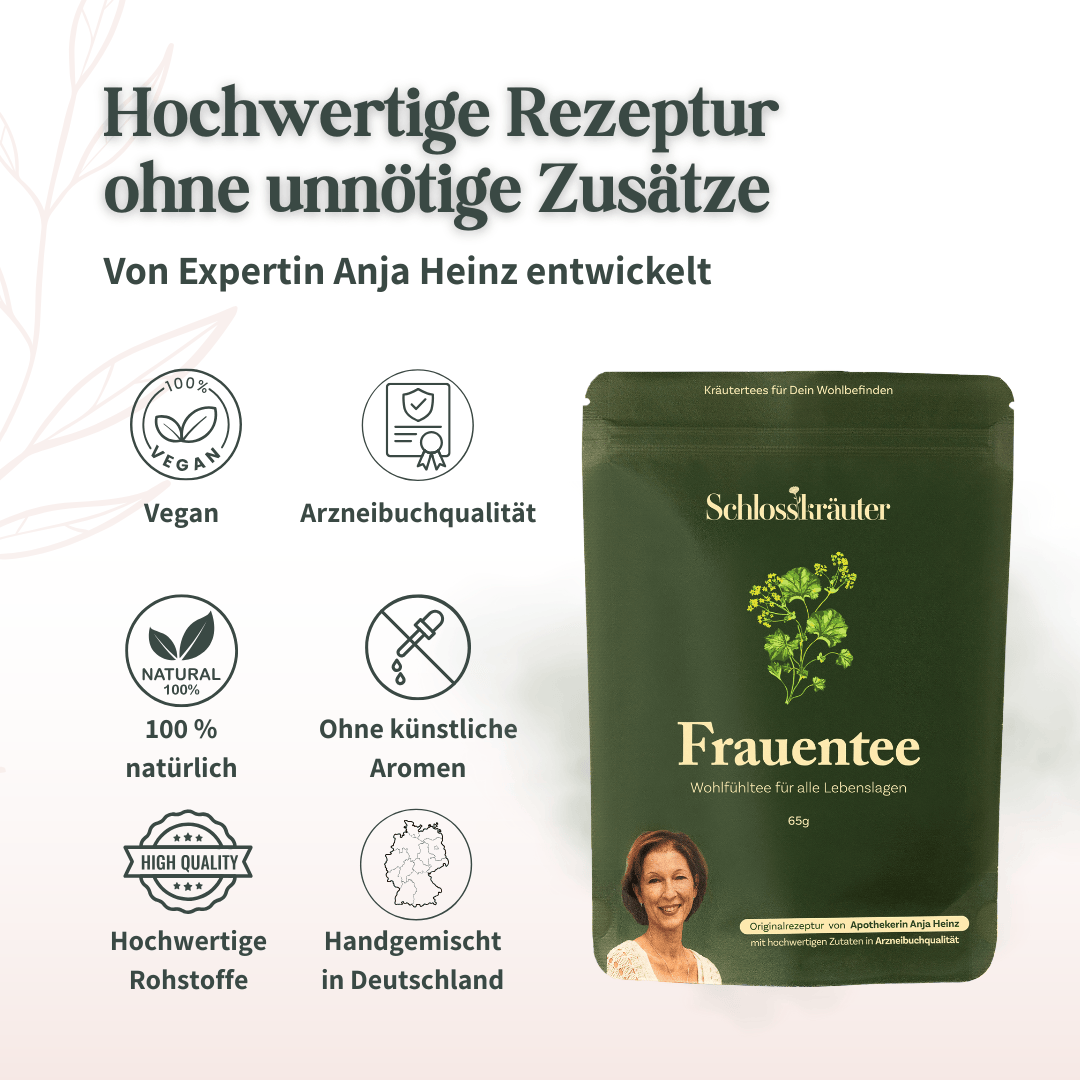 Darstellung der Qualitätsmerkmale des Frauentee wie Arzneibuchqualität, natürliche Zutaten und handgemischte Herstellung