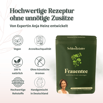 Darstellung der Qualitätsmerkmale des Frauentee wie Arzneibuchqualität, natürliche Zutaten und handgemischte Herstellung
