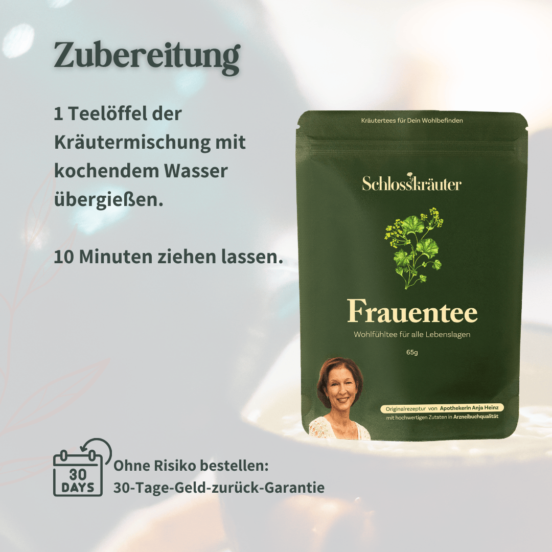 Zubereitungsanleitung für Frauentee mit Kräutermischung und Ziehzeitangabe