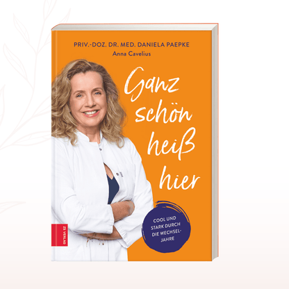 Buchcover „Ganz schön heiß hier“ über die Wechseljahre mit Porträt der Autorin Dr. med. Daniela Paepke