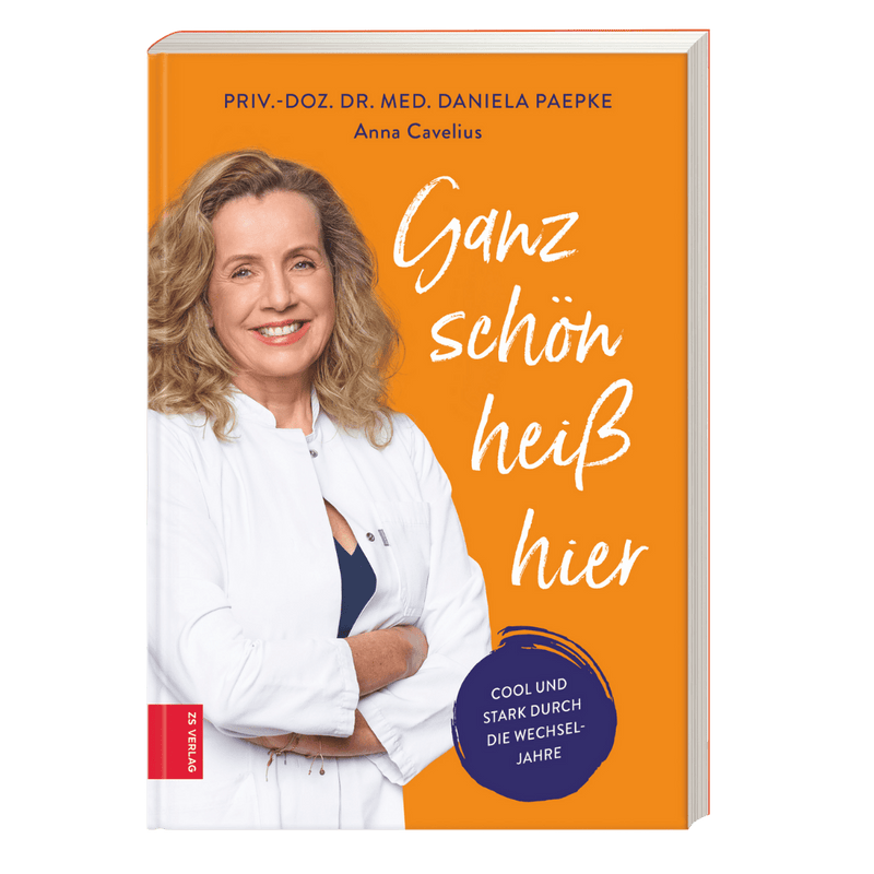 Buchcover „Ganz schön heiß hier“ über die Wechseljahre mit Porträt von Dr. med. Daniela Paepke