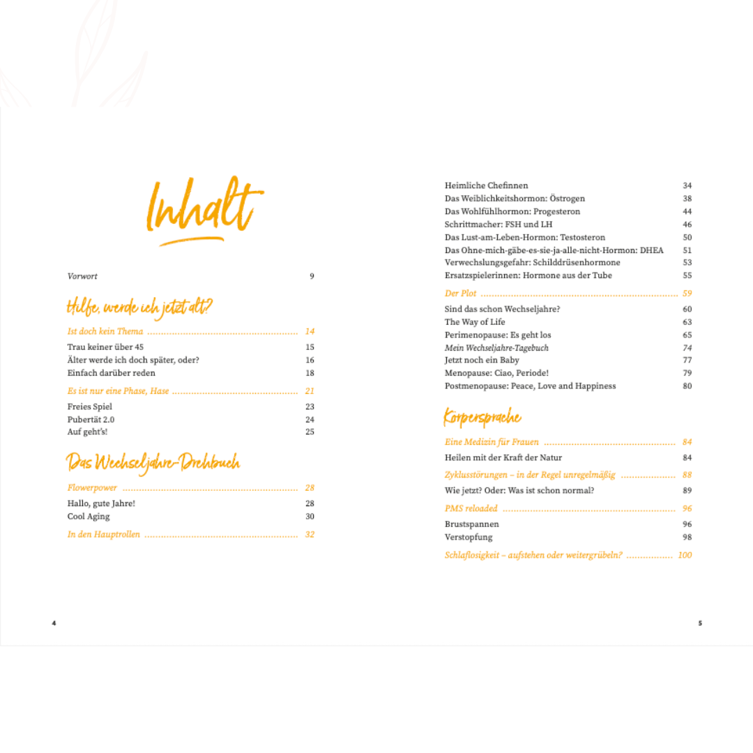 Inhaltsverzeichnis des Buches „Ganz schön heiß hier“ mit Themen zu Hormonen und Wechseljahren