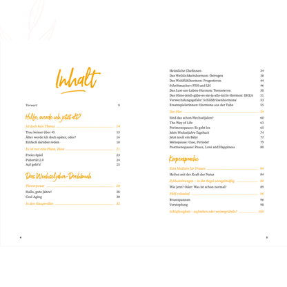 Inhaltsverzeichnis des Buches „Ganz schön heiß hier“ mit Themen zu Hormonen und Wechseljahren