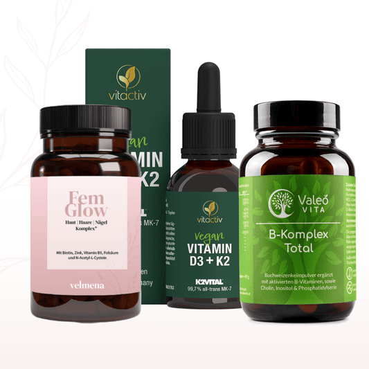 Haut & Haare Balance Set mit FemGlow, B-Komplex Total und Vitamin D3 + K2 für Frauen ab 40