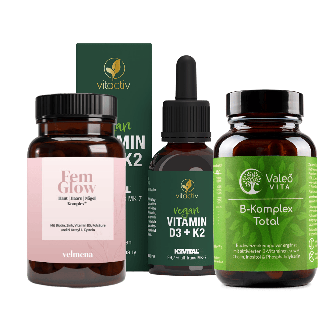 Haut & Haare Balance Set mit FemGlow, B-Komplex Total und Vitamin D3 + K2 für Frauen ab 40