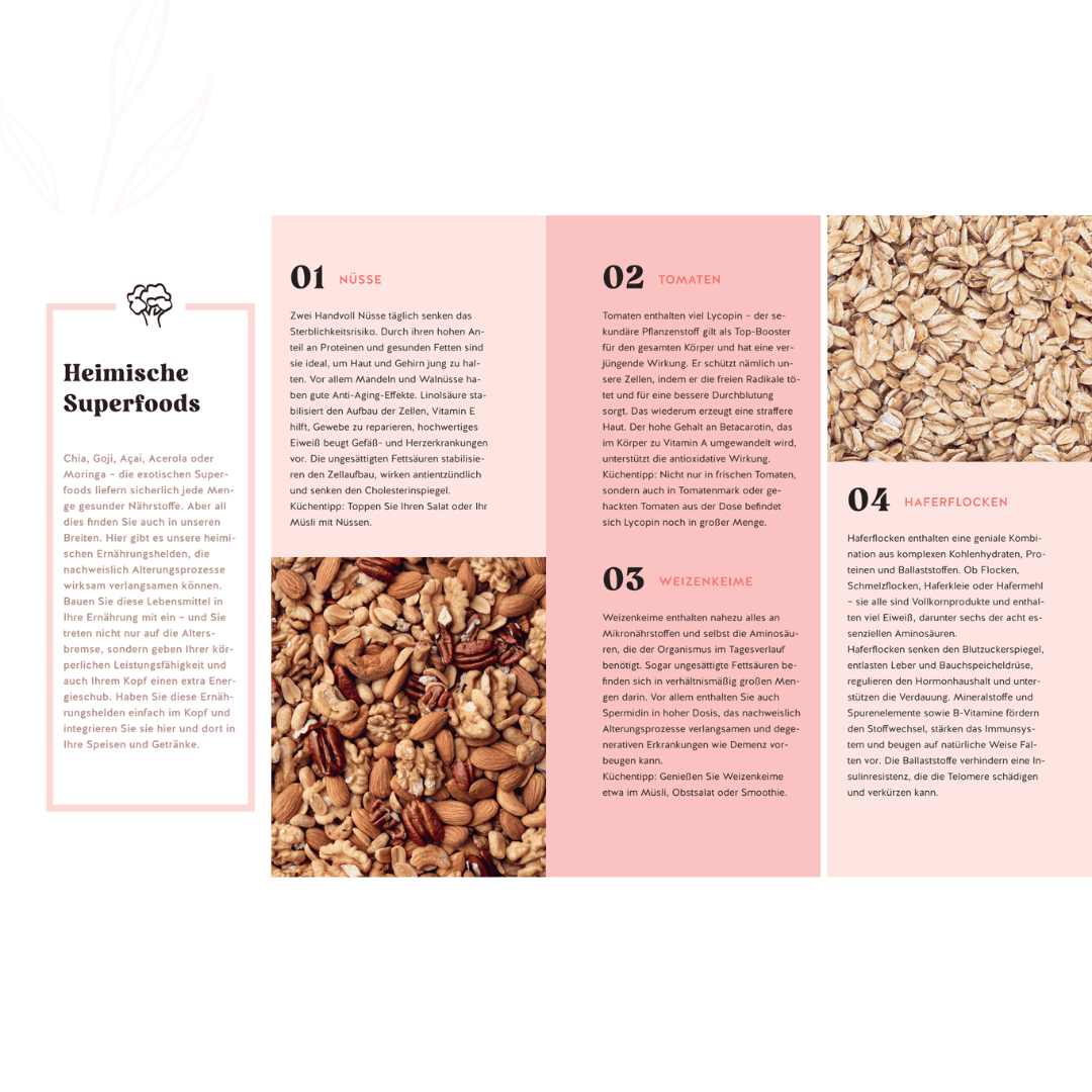 Übersicht heimischer Superfoods wie Nüsse, Tomaten, Weizenkeime und Haferflocken für eine gesunde Ernährung